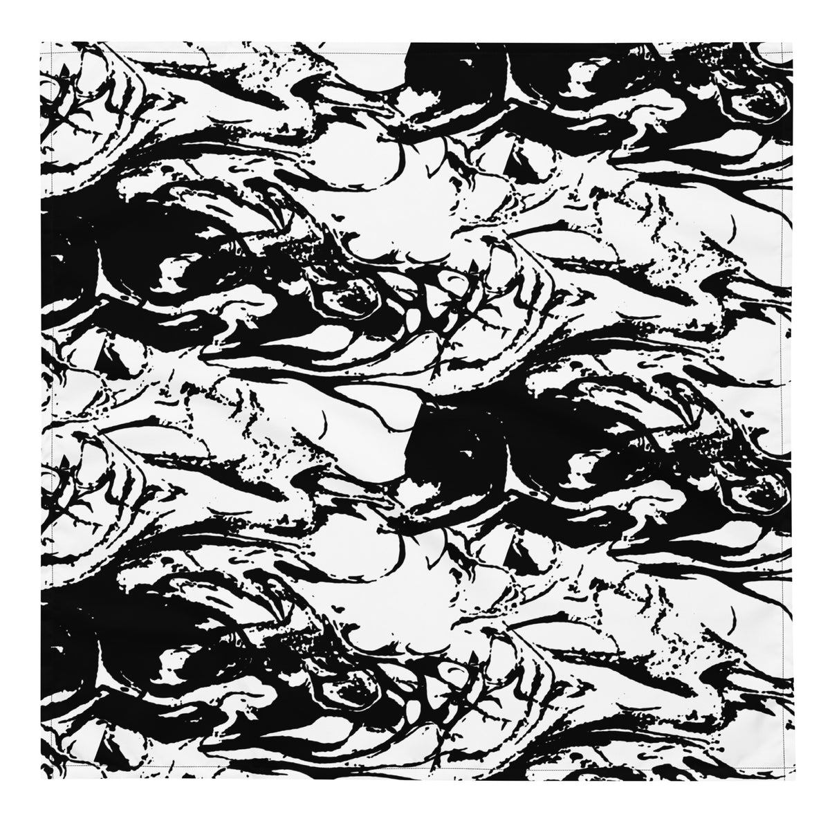Flat lay of Ink-Riot Bandana showing full black and white abstract ink-splash all-over print