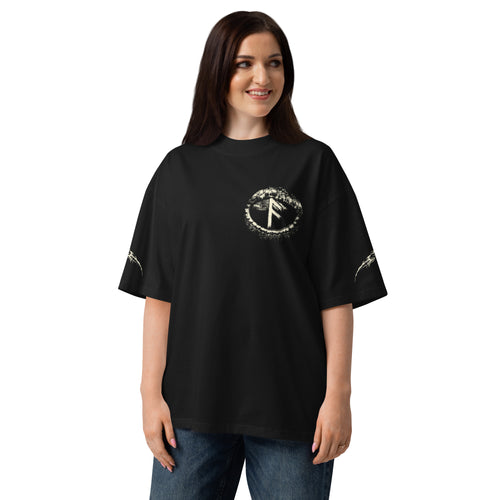 Woman wearing a black t-shirt with a graphic design on a white background